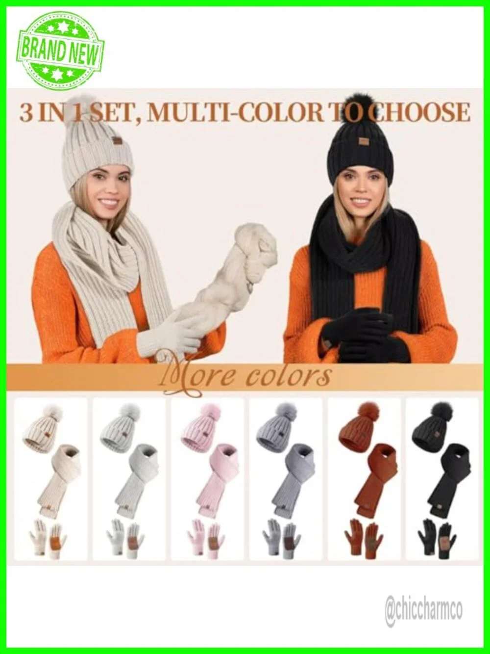 Winter Beanie Hat Scarf Gloves Set with Pom Pom Touchscreen